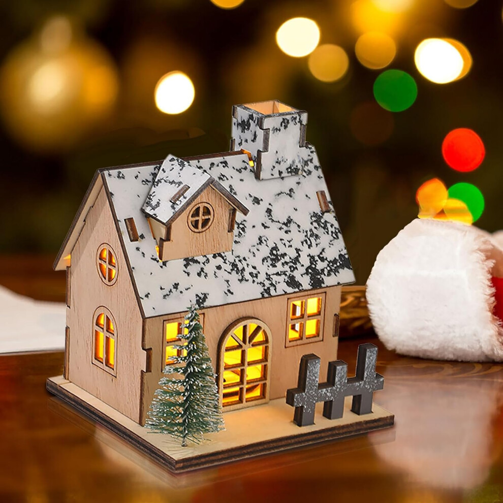 (C) Christmas Ornament Xmas Decoration Christmas Hanging Ornament Christmas Ornaments Christmas Decorations Luminous Wooden Houses LED Wooden Christma