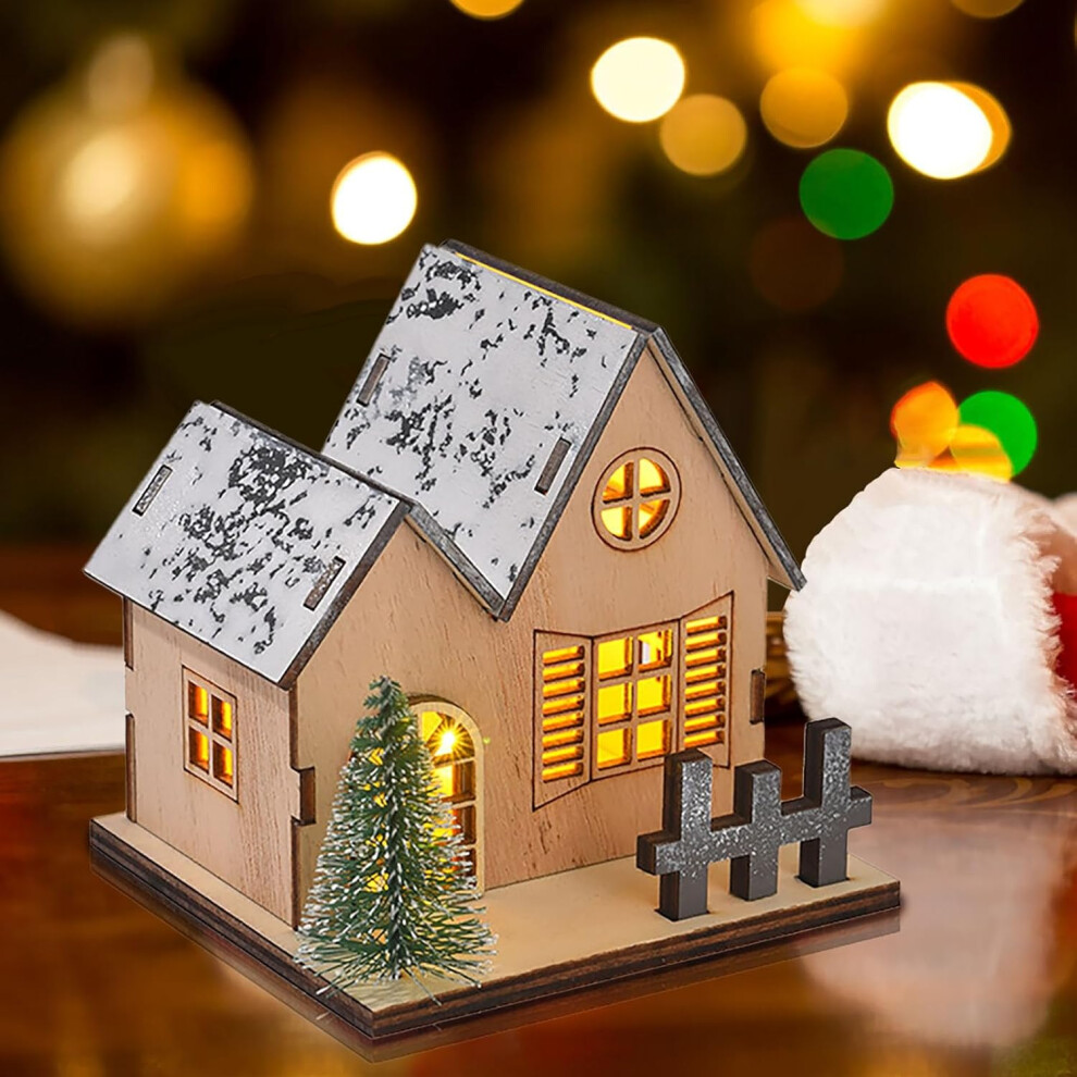 (A) Christmas Ornament Xmas Decoration Christmas Hanging Ornament Christmas Ornaments Christmas Decorations Luminous Wooden Houses LED Wooden Christma