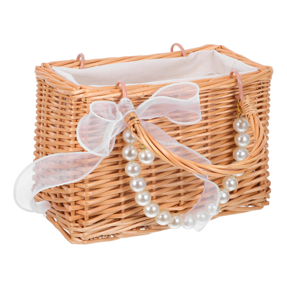 Wicker Flower Girl Basket with Ribbon Bow Pearl Chain-image-OPC-PKCF8QV-NEW