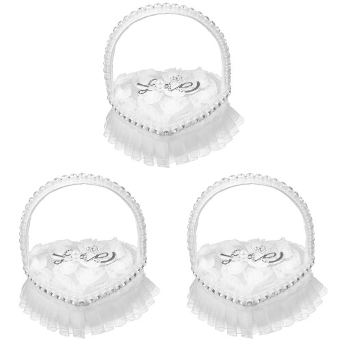 3pcs Heart-Shaped Wedding Ring Pillow with Handle 2