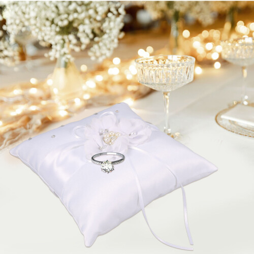 2pcs 20*20cm Wedding Ring Pillow Pearl Flower Decor 2