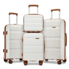 (cream and brown, 12+19+24+28inch) 4-Piece PP Hardshell Luggage Set–Durable Travel Suitcases
