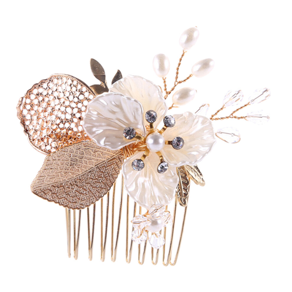 Totority 2Pcs Golden Leaves Hair Comb Pearl Rhinestone Wedding Hair Accessory