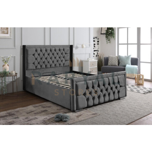 (King, Silver) Rio Chesterfield Bedframe with Optional Ottoman Storage