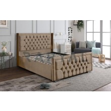 (King, With Ottoman Storage, Beige) Rio Chesterfield Bedframe with Optional Ottoman Storage