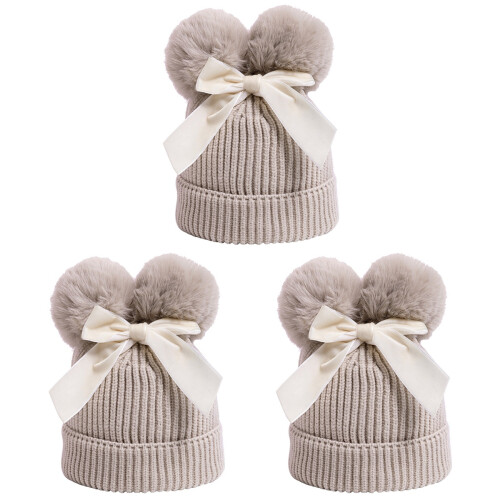 3pcs Kids Knitting Hat with Pompons and Bowknot 1