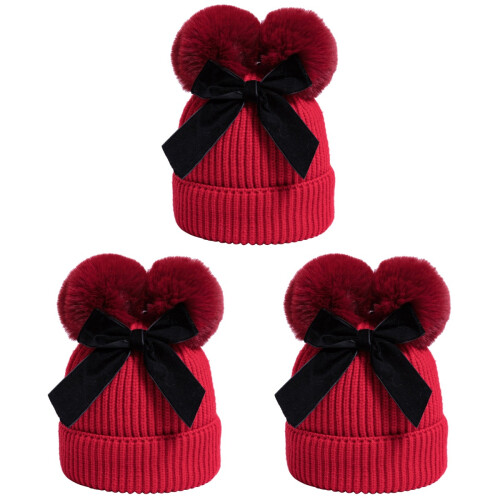 3pcs Kids Knitting Hat with Pompons and Bowknot 1