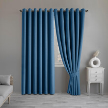 (Blue, 66" x 72" (168cm x 183cm)) 100% Blackout Curtains Thermal Insulated Ring-Top Eyelet Curtain Pair with Tiebacks