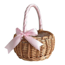 Wicker Woven Flower Basket, with Handle and Pink Ribbon, Wedding Flower Girl Baskets, for Home Gard JP