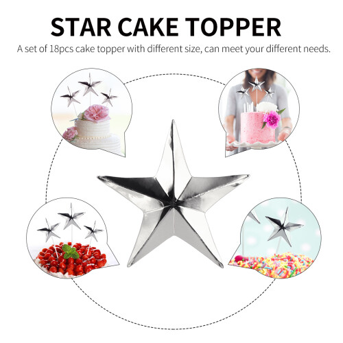 1Ensemble 18 Étoiles Argentées Décoration Gâteau Topper 3D Aliments 2