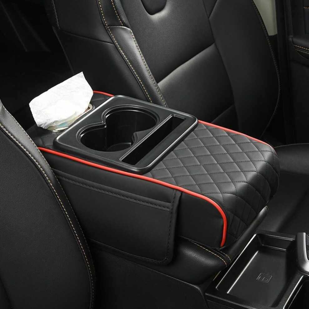 Comfortable Leather Armrest Pad With Tissue Holder For Car Center Console, With Edging, Universal Fit Black/Red 6038364172815