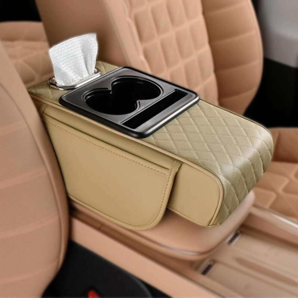 Integrated Pressurized Multifunctional Car Armrest Heightening Pad With Cup Holder, Side Pockets, Comfortable Support, White 9084446771909