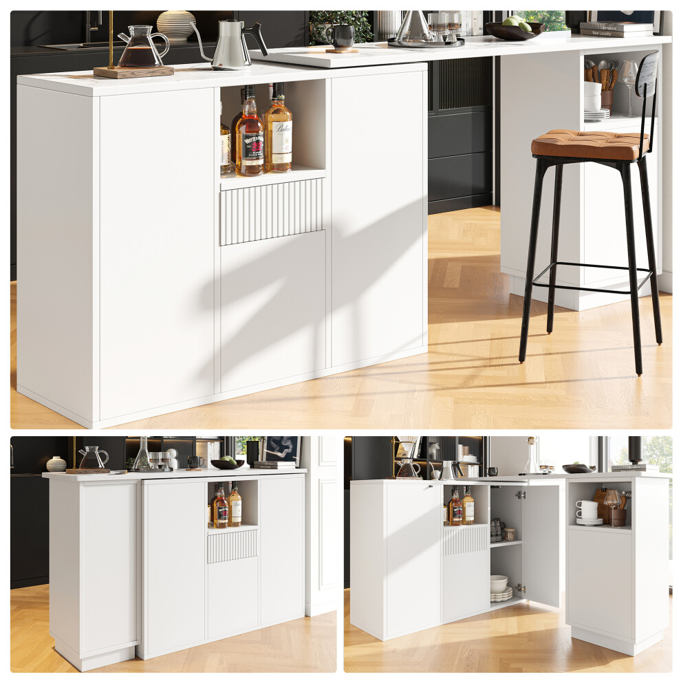 Swivelling Bar Table 360 Rotation Modern White Marble Top & Open Storage 198.5 x 30 x 75 cm Kitchen & Dining Room Furniture-image-OPC-PKCP6FD-NEW