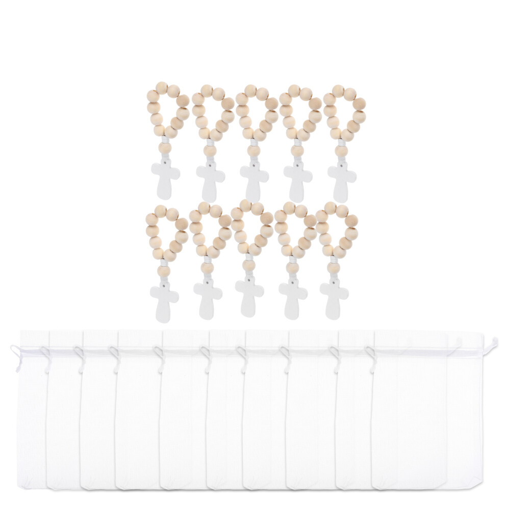 10 Sets Wooden Rosary With Crucifix & Mesh Bags For Baptism Communion Aboofan