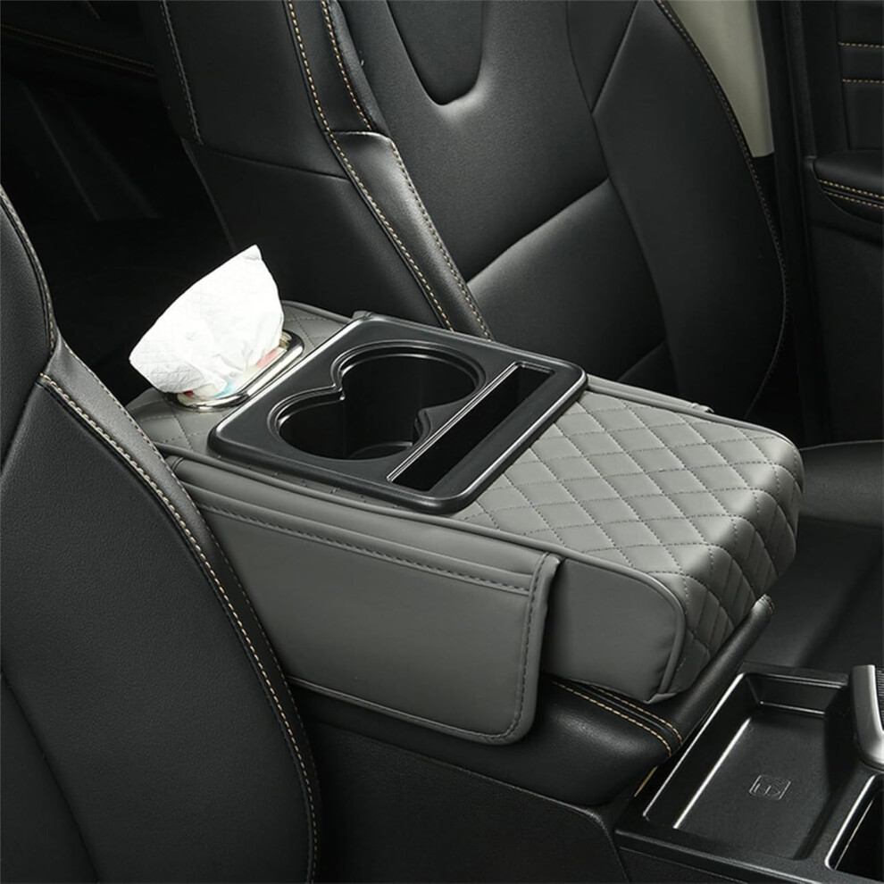 Multifunctional Car Armrest Cushion With Heightening Pad, 2 Cup Holders, Phone Slot, And Tissue Box In Gray 9084446772531