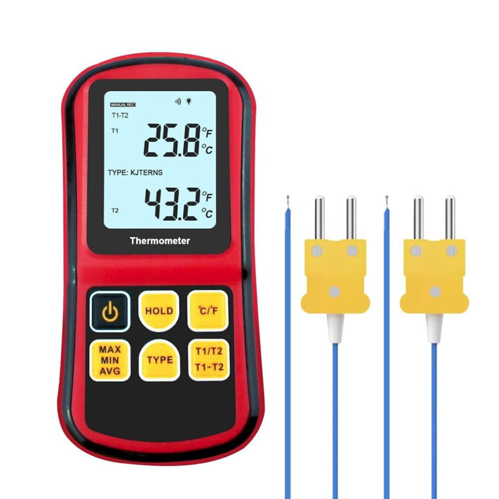 Digital Thermocouple Thermometer with Dual Channel K Type Probes, LCD Display, High Accuracy Temperature Measurement