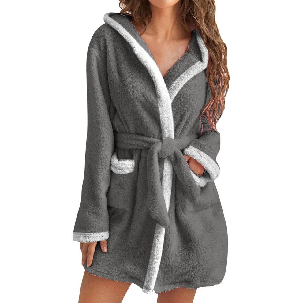 Womens Fuzzy Robes Hooded Short Robe Fall Winte Mid Length Bathrobe Belted Soft Bath Robes Plush Robe with Pockets Winter Spa Robes Velvet Sleepwear S