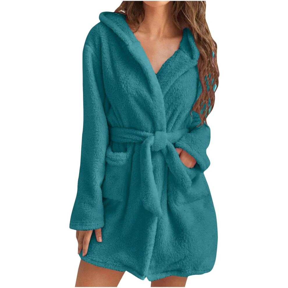 Womens Fuzzy Robes Hooded Short Robe Fall Winte Mid Length Bathrobe Belted Soft Bath Robes Plush Robe with Pockets Winter Spa Robes Velvet Sleepwear S