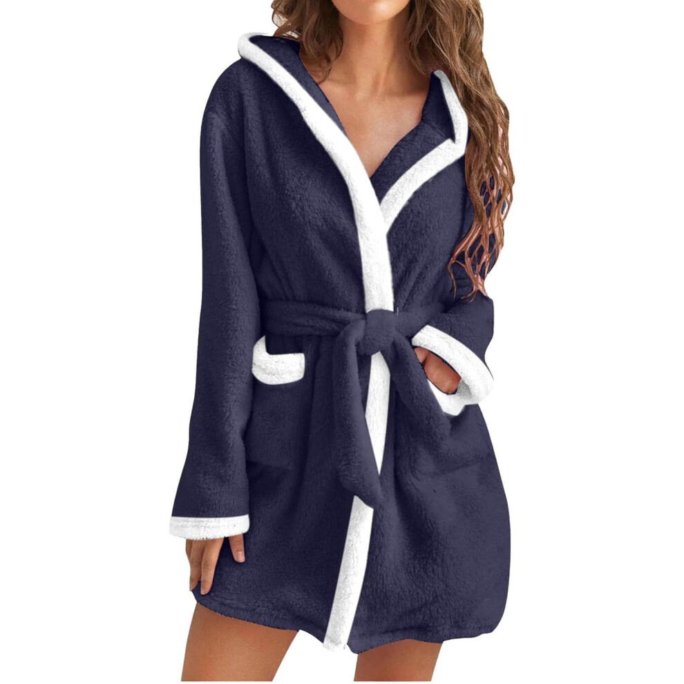Womens Fuzzy Robes Hooded Short Robe Fall Winte Mid Length Bathrobe Belted Soft Bath Robes Plush Robe with Pockets Winter Spa Robes Velvet Sleepwear S