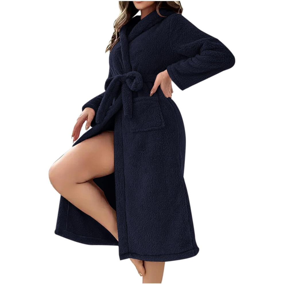 (XXL, 001* Navy) Womens Robes Hooded Fleece Robe Long Plush Soft Fluffy Fuzzy Bathrobe Belted Cozy Warm Lightweight Sherpa Shaggy Bathrobes for Women