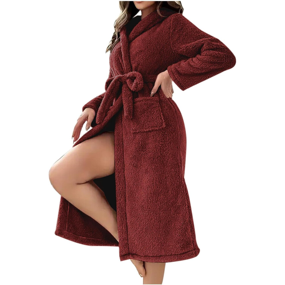 (XXL, 001* Wine) Womens Robes Hooded Fleece Robe Long Plush Soft Fluffy Fuzzy Bathrobe Belted Cozy Warm Lightweight Sherpa Shaggy Bathrobes for Women