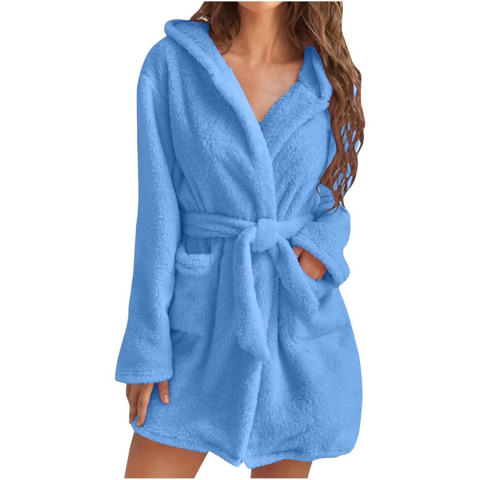 Womens Fuzzy Robes Hooded Short Robe Fall Winte Mid Length Bathrobe Belted Soft Bath Robes Plush Robe with Pockets Winter Spa Robes Velvet Sleepwear S