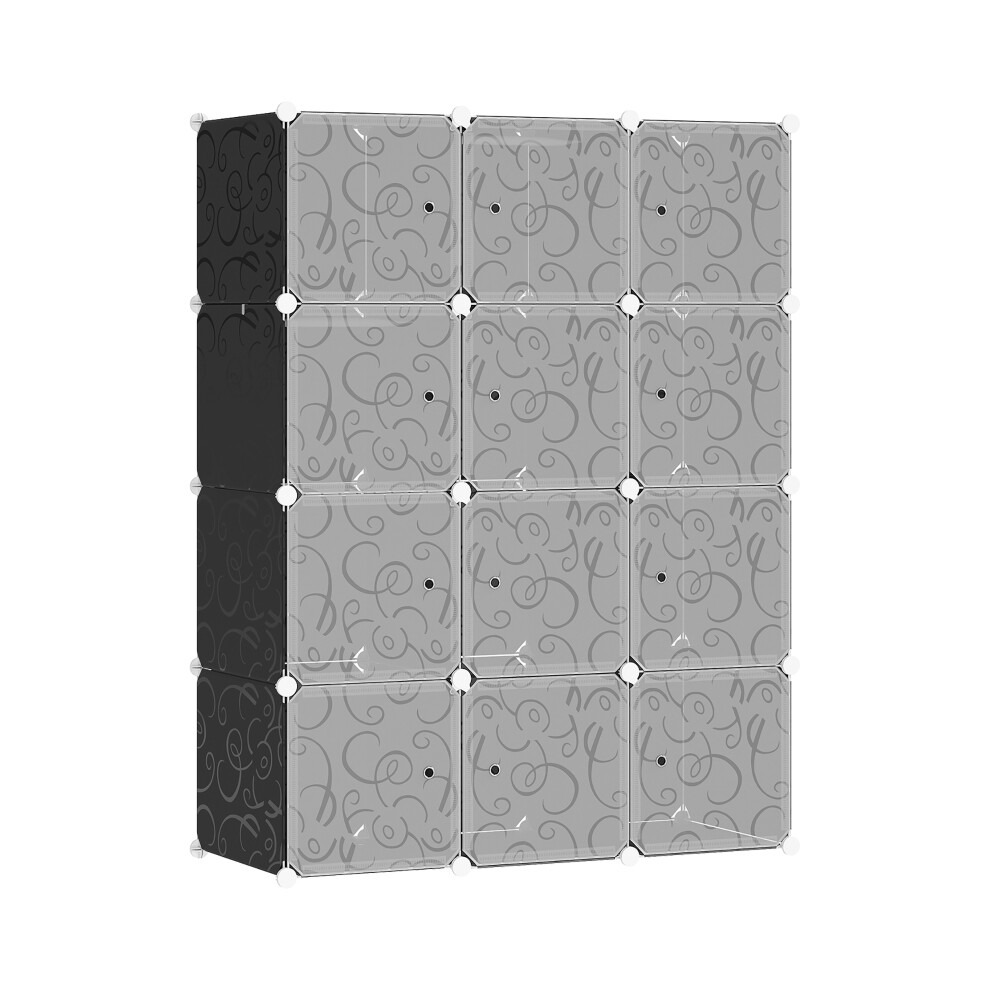 Space-Saving Portable Wardrobe Closet with 12 Cubes & 2 Hanging Rails Modular Plastic Armoire White and Black Finish-image-OPC-PKCQSGK-NEW