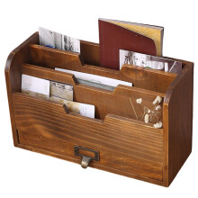 Wooden Letter Rack with Drawer - 3 Compartment Desktop Organizer for Files, Mail, and Envelopes in Retro Brown Finish