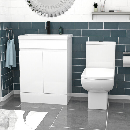 NES Home Nes Home 600mm Handleless White Basin Vanity Square Rimless Close Coupled Toilet 2