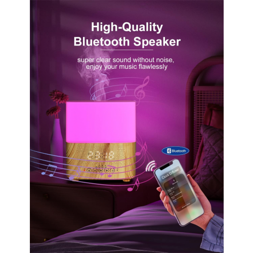 300 ml veelzijdige etherische olie diffuser met Bluetooth-luidspreker, digitale wekker, 7-kleurige sfeerverlichting aroma diffusers en koele 1