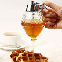 Honey Dispenser 200ml with Stand, Easy to Clean Honey Pot Jar with Dipper, Maple Syrup Holder in Honeycomb Design