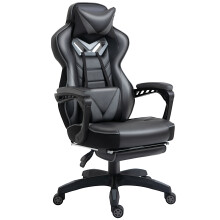 Racing Gaming Desk Chair with Headrest & Adjustable Footrest PU Leather Lumbar Support Grey 360 Swivel Home Office