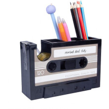 Creative Tape Pen Holder, Retro Cassette Tape Dispenser, Stationery Desk Tidy Container, Office Stationery Storage Container (Grey)