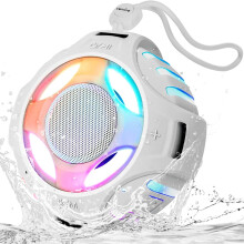 (Space Gray) Comiso Showerproof & Floating Speaker Bluetooth. IPX7 waterproof, colourful LED lights & 24H playtime. Perfect for garden, bathroom & holidays