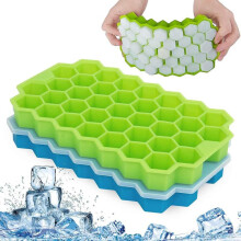 Ice Cube Trays, 2 Pack 52/74 Cubes Silicone Ice Trays with Removable Lid Stackable Lattice Honeycomb Silica Gel Ice Lattice Blue + Blue with Cover 2 S