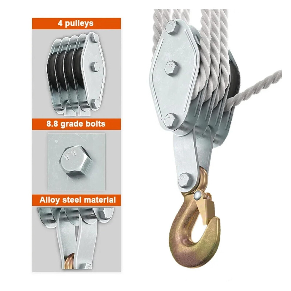 270 Rotatable Rope Pulley Block, Heavy Duty Zinc Alloy Hook, 1100Lbs Manual Lifting Device, Industrial Polyethylene Hoist 9084446777895