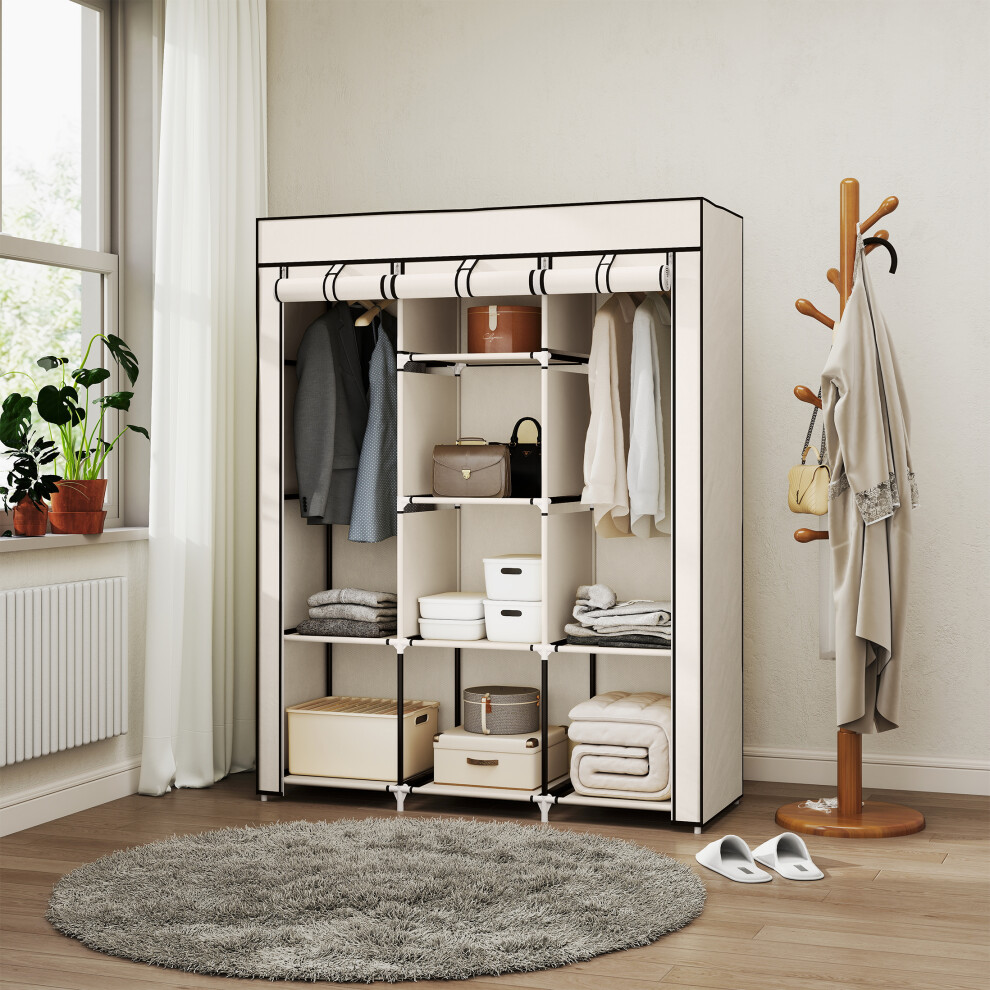 Homcom (Cream) Fabric Portable Wardrobe With 8 Shelves 2 Hanging Rails Cream