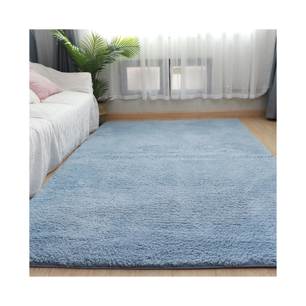 (blue, 60*160cm) Solid color thickened lambskin carpet for the living room and bedroom bedside blanket