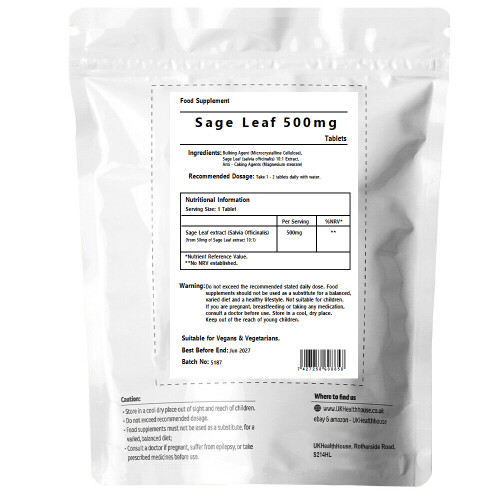 Sage Leaf Extract 500mg 30 Tablet Menopause Hot Flushes Sweats Support 1