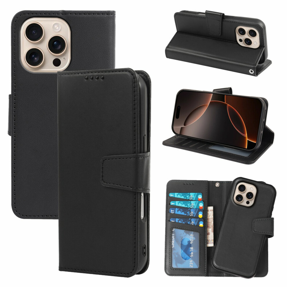 (Iphone 16 Pro, ) For Iphone 16 Pro Case Detachable 2 In 1 Pu Leather Wallet Phone Cover Black 6914280790497