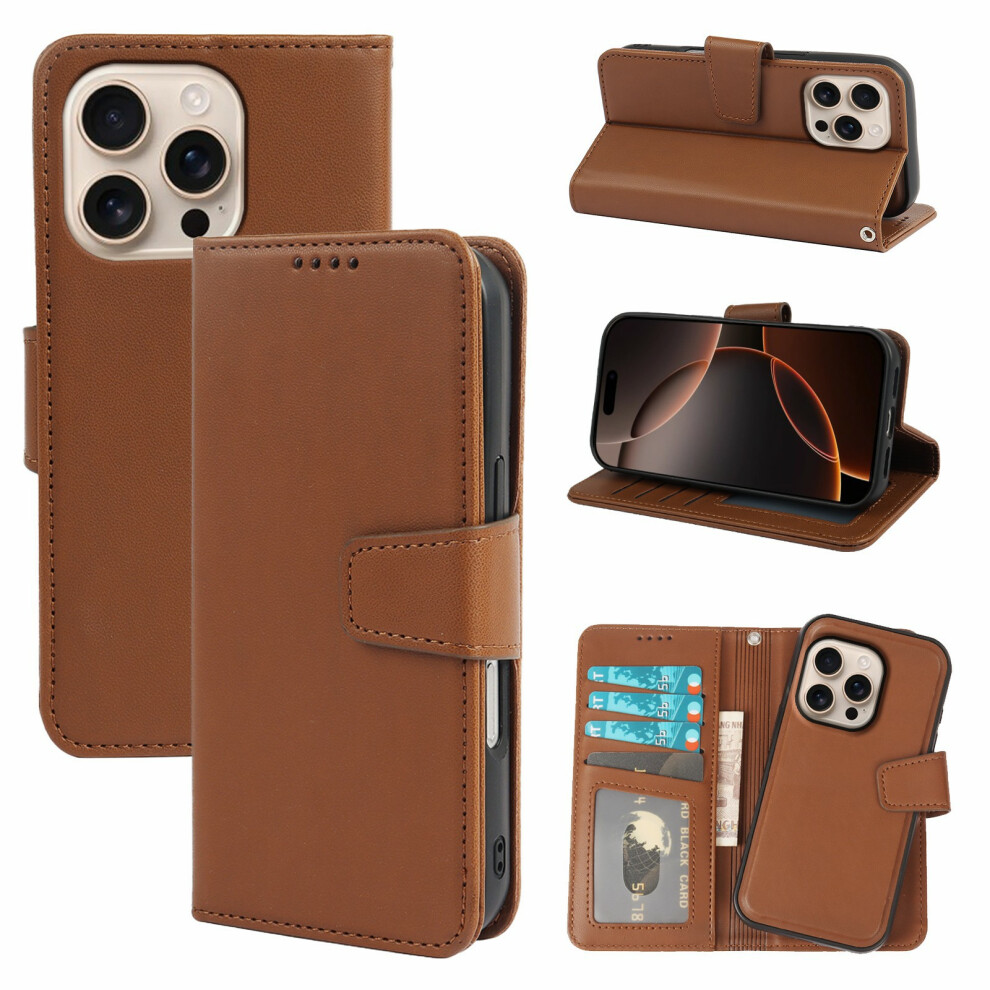 (Iphone 16 Pro, ) For Iphone 16 Pro Case Detachable 2 In 1 Pu Leather Wallet Phone Cover Brown 6914284247089