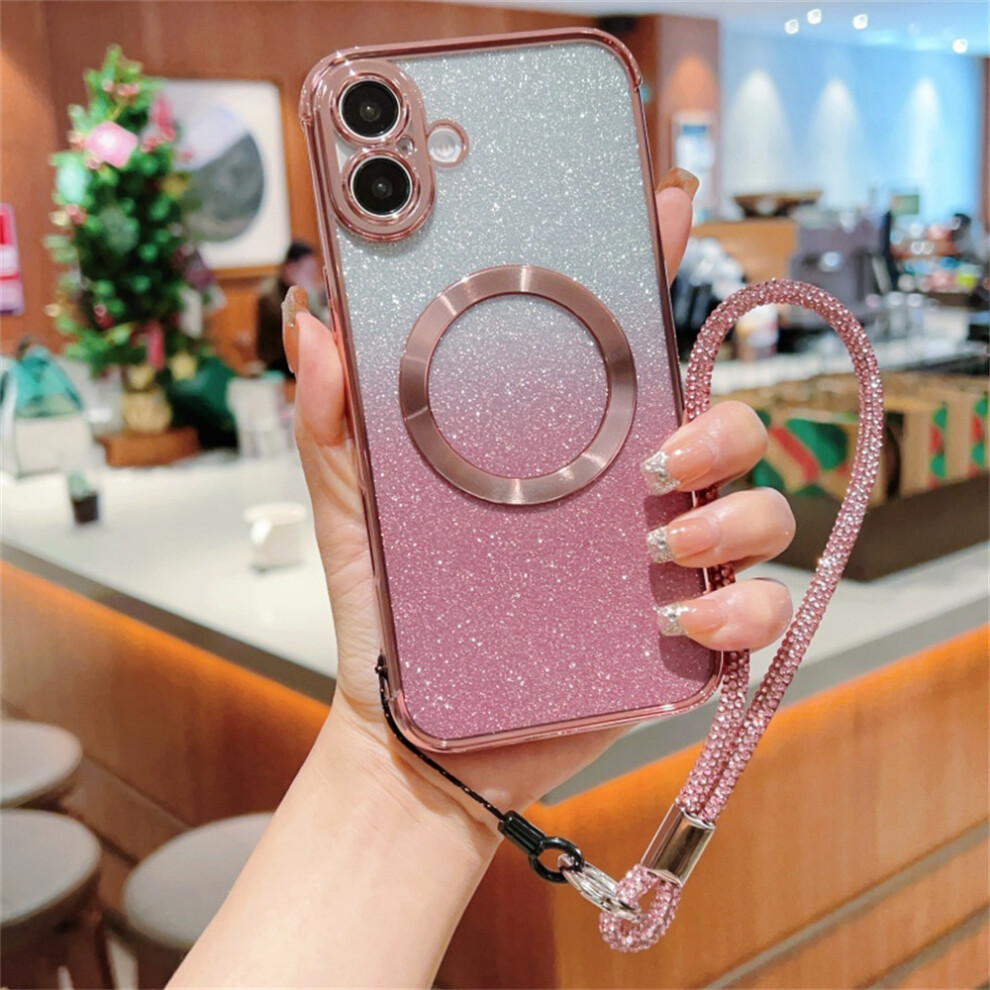 (Iphone 16, Rose ) For Iphone 16 Case Compatible With Magsafe Electroplated Gradient Glitter Phone Cover With Lanyard Pink 6914284751098