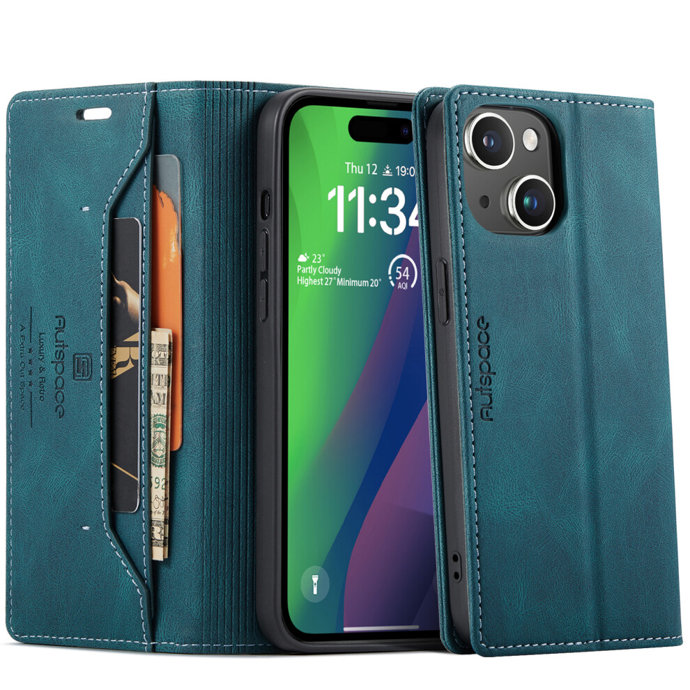 (Iphone 15 Plus, ) For Iphone 15 Plus Wallet Case Autspace A01 Leather Stand Cover With Rfid Blocking Card Holder Blue 6914282850281