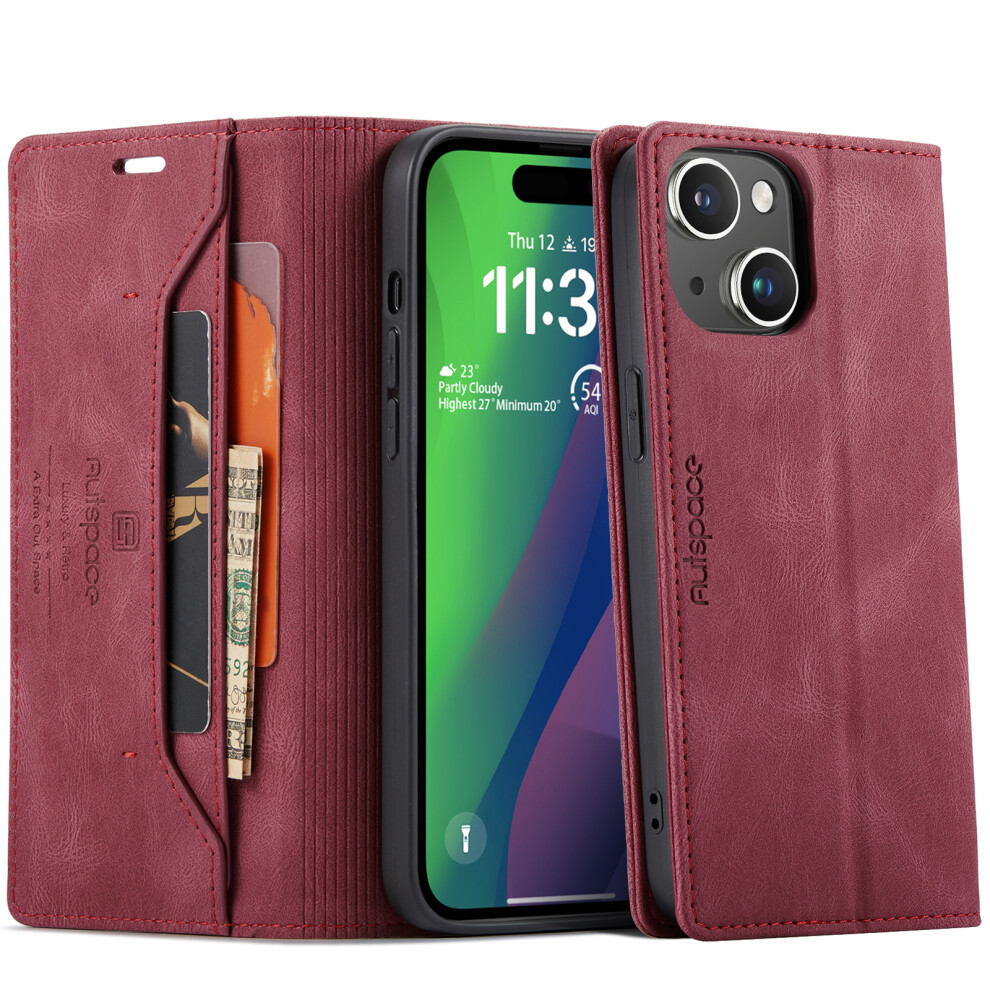 (Iphone 15 Plus, ) For Iphone 15 Plus Wallet Case Autspace A01 Leather Stand Cover With Rfid Blocking Card Holder Red 6914288303286