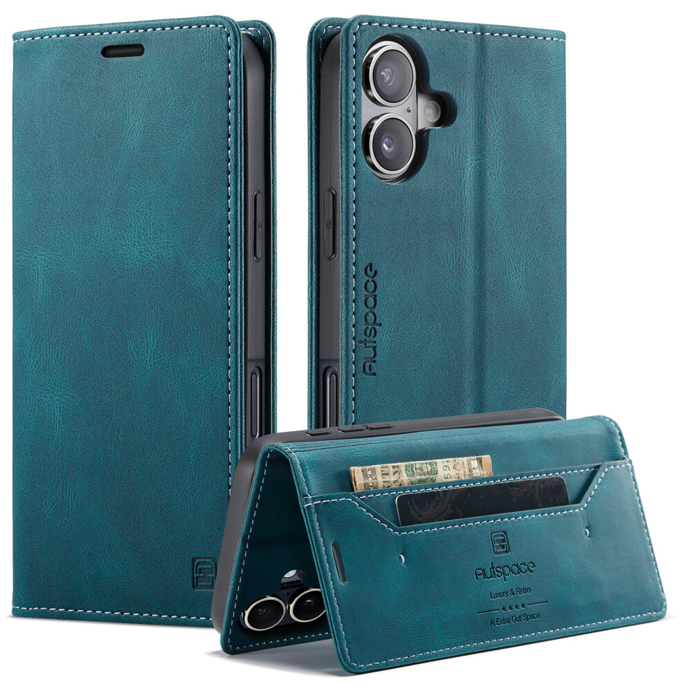 (Iphone 16, ) For Iphone 16 Wallet Case Autspace A01 Leather Stand Cover With Rfid Blocking Card Holder Blue 6914281890516