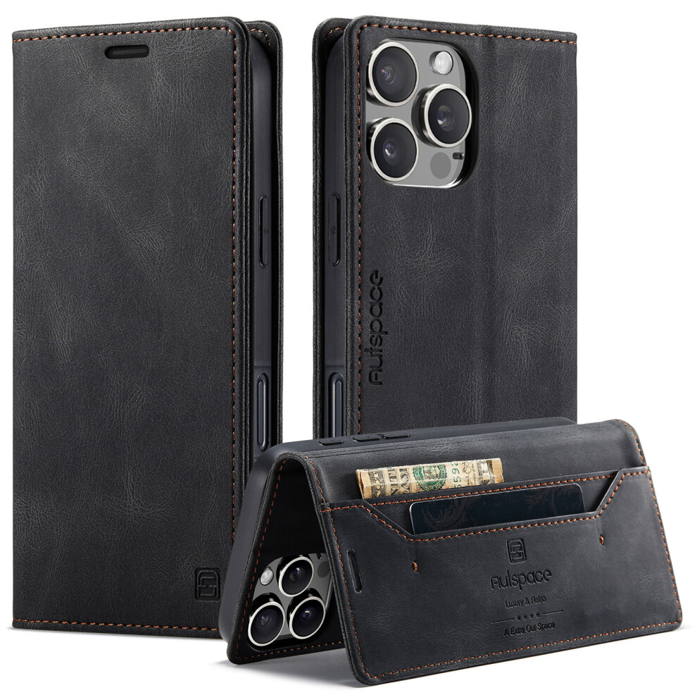 (Iphone 16 Pro, ) For Iphone 16 Pro Wallet Case Autspace A01 Leather Stand Cover With Rfid Blocking Card Holder Black 6914287704015