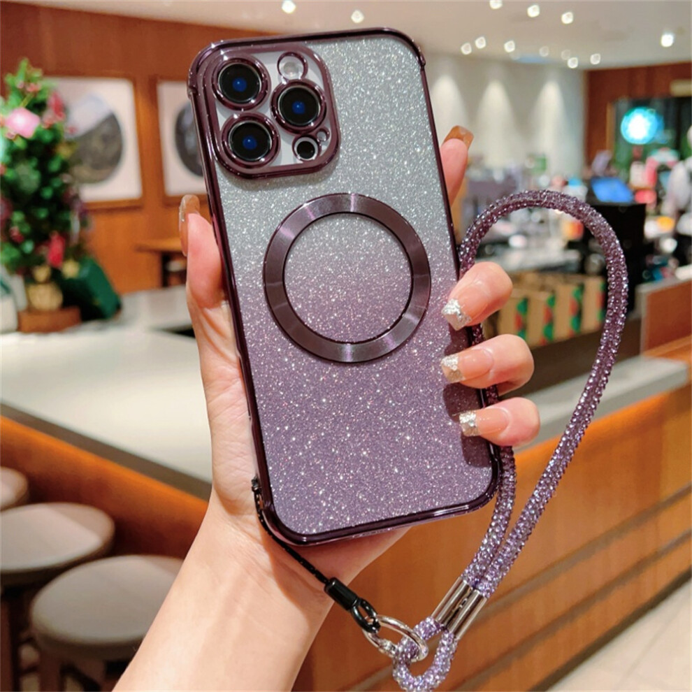 (Iphone 16 Pro Max, Dark ) For Iphone 16 Pro Max Case Compatible With Magsafe Electroplated Gradient Glitter Phone Cover With Lanyard Purple 6914283079810