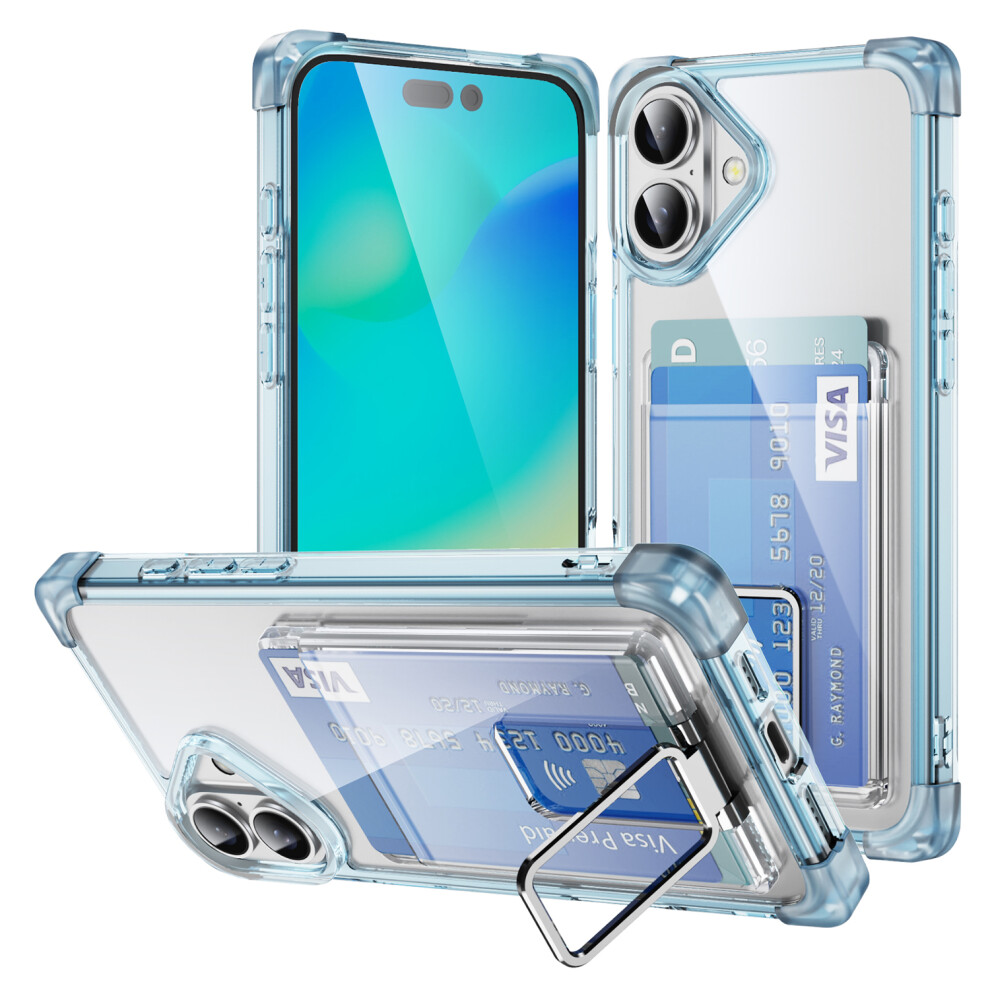 (Iphone 16, Transparent ) For Iphone 16 Case Reinforced Corners Tpu+Acrylic Phone Cover With Kickstand Card Holder Blue 6914283198344
