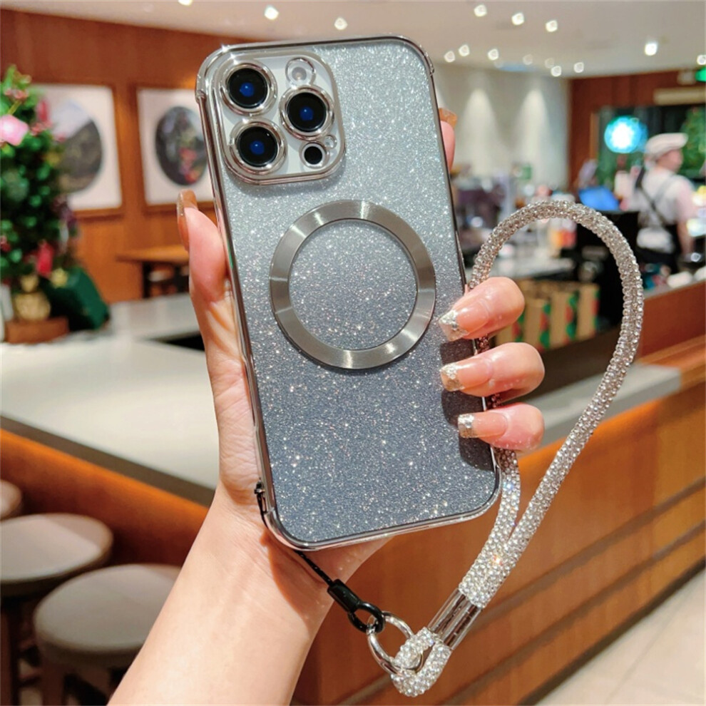 (Iphone 16 Pro Max, ) For Iphone 16 Pro Max Case Compatible With Magsafe Electroplated Gradient Glitter Phone Cover With Lanyard Silver 6914282676256