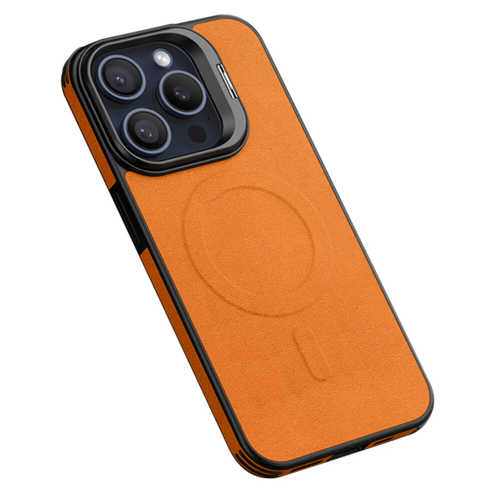 (Iphone 15 Pro, ) For Iphone 15 Pro Magnetic Case With Lens Kickstand Leather Phone Back Cover Orange 6914287580428